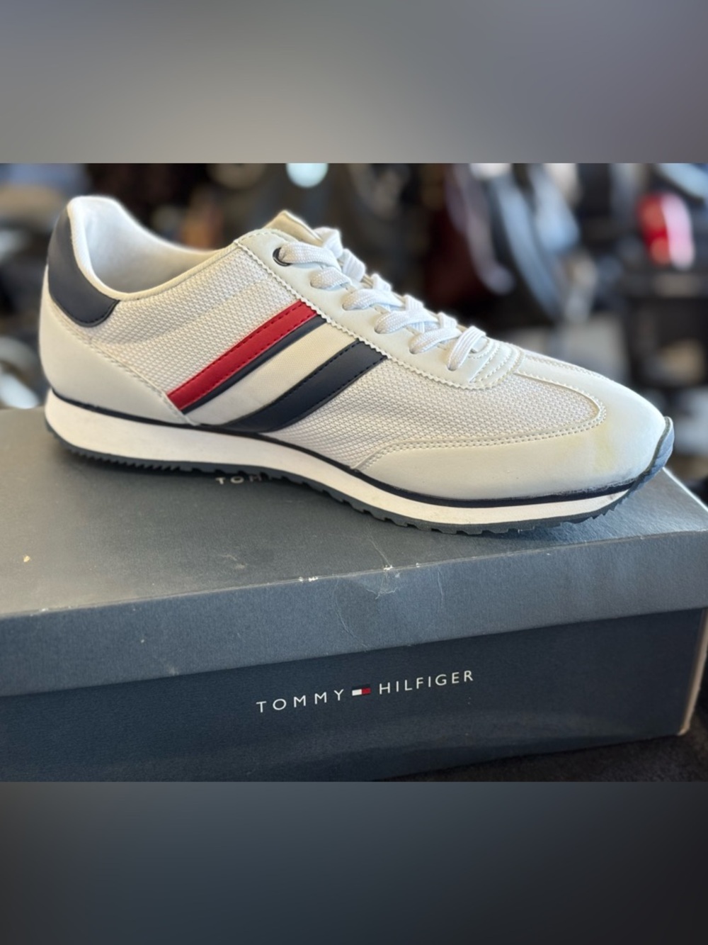 Tommy Hilfiger White Sneaker with Red and Navy Stripe Accents